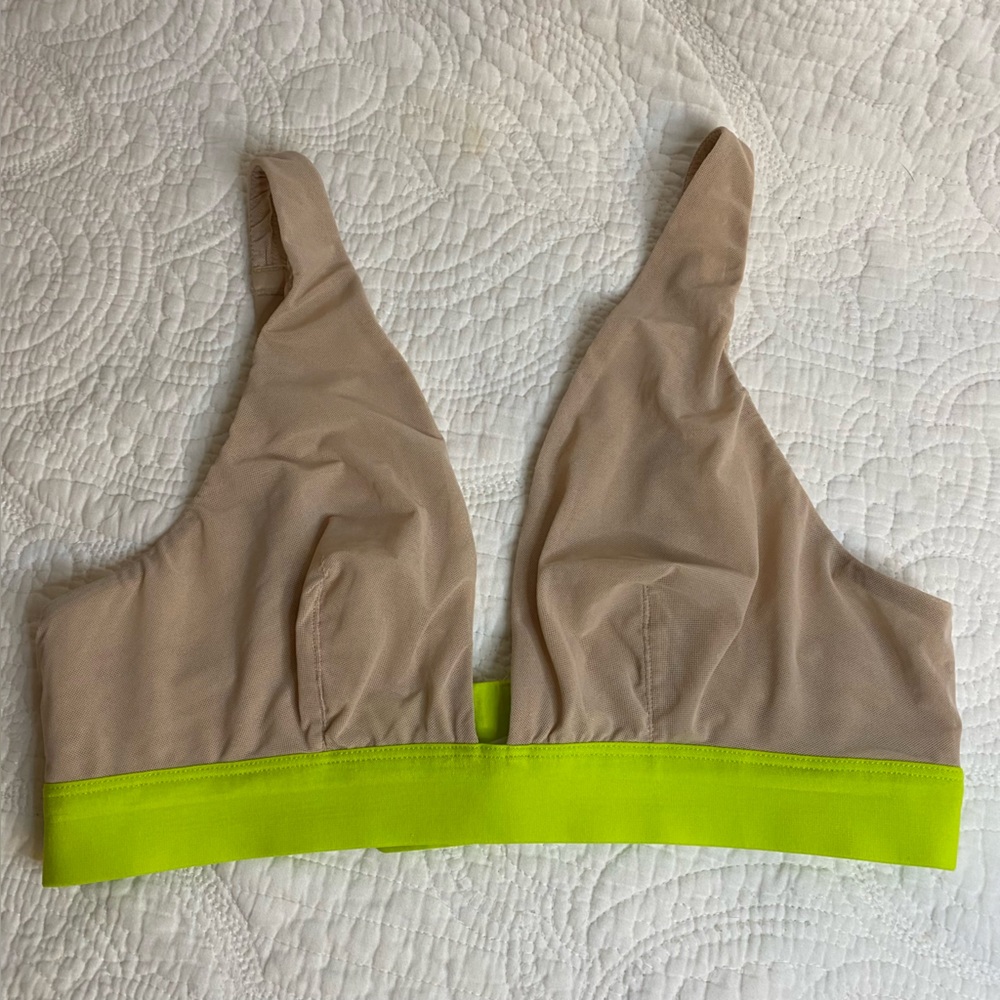 Aerie Smoothez‎ Mesh Plunge Bralette Tan Neon Lime Green Large L Wireless Bra